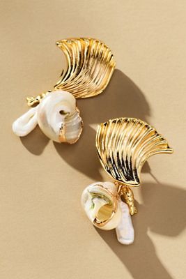 Fanned Shell Pearl Drop Earrings