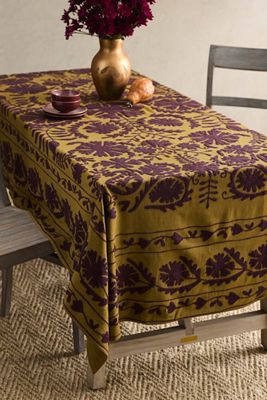 Crewel Stitch Cotton Tablecloth, Moss