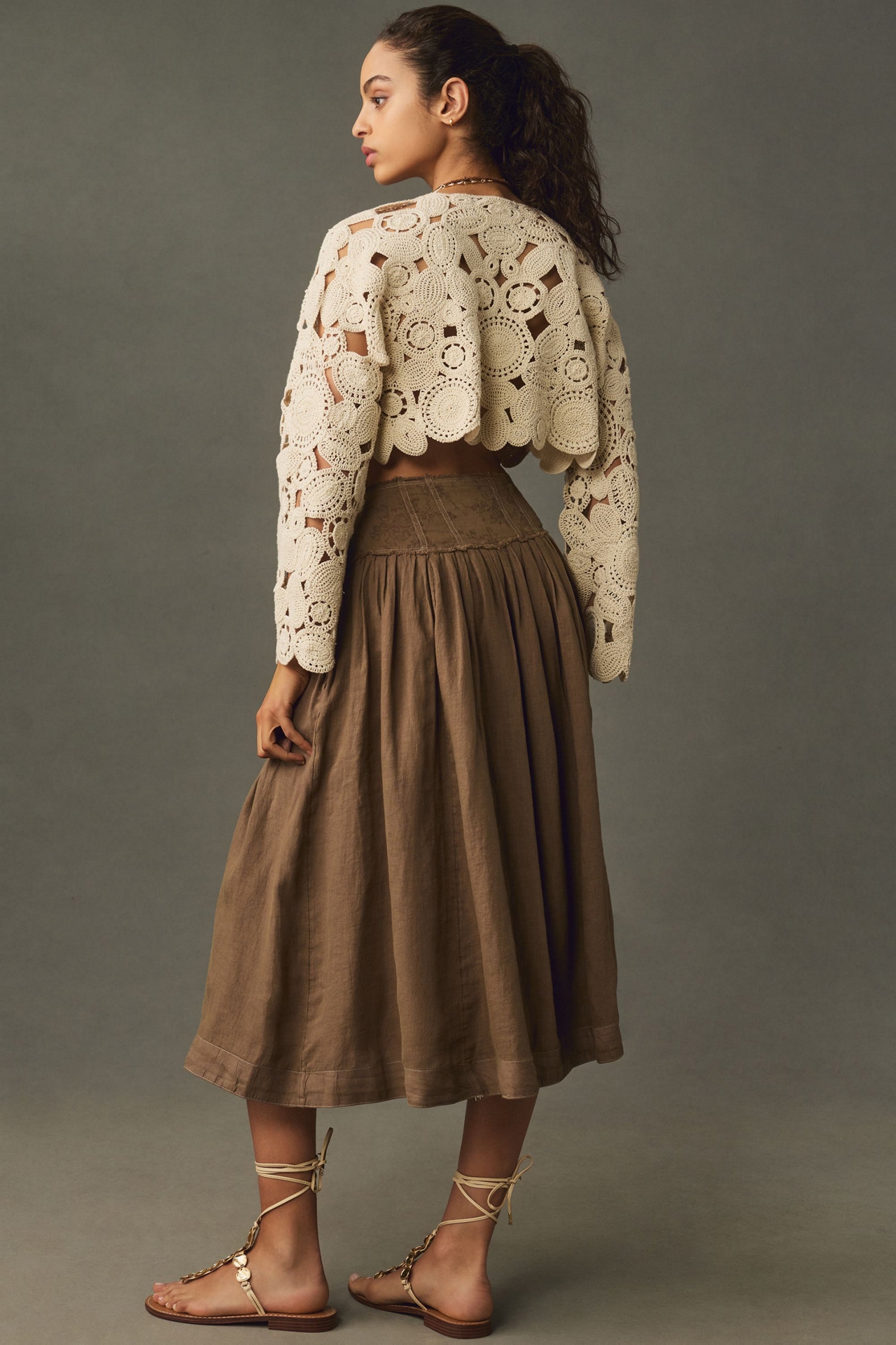 Pleated Yoke-Waist Midi Skirt