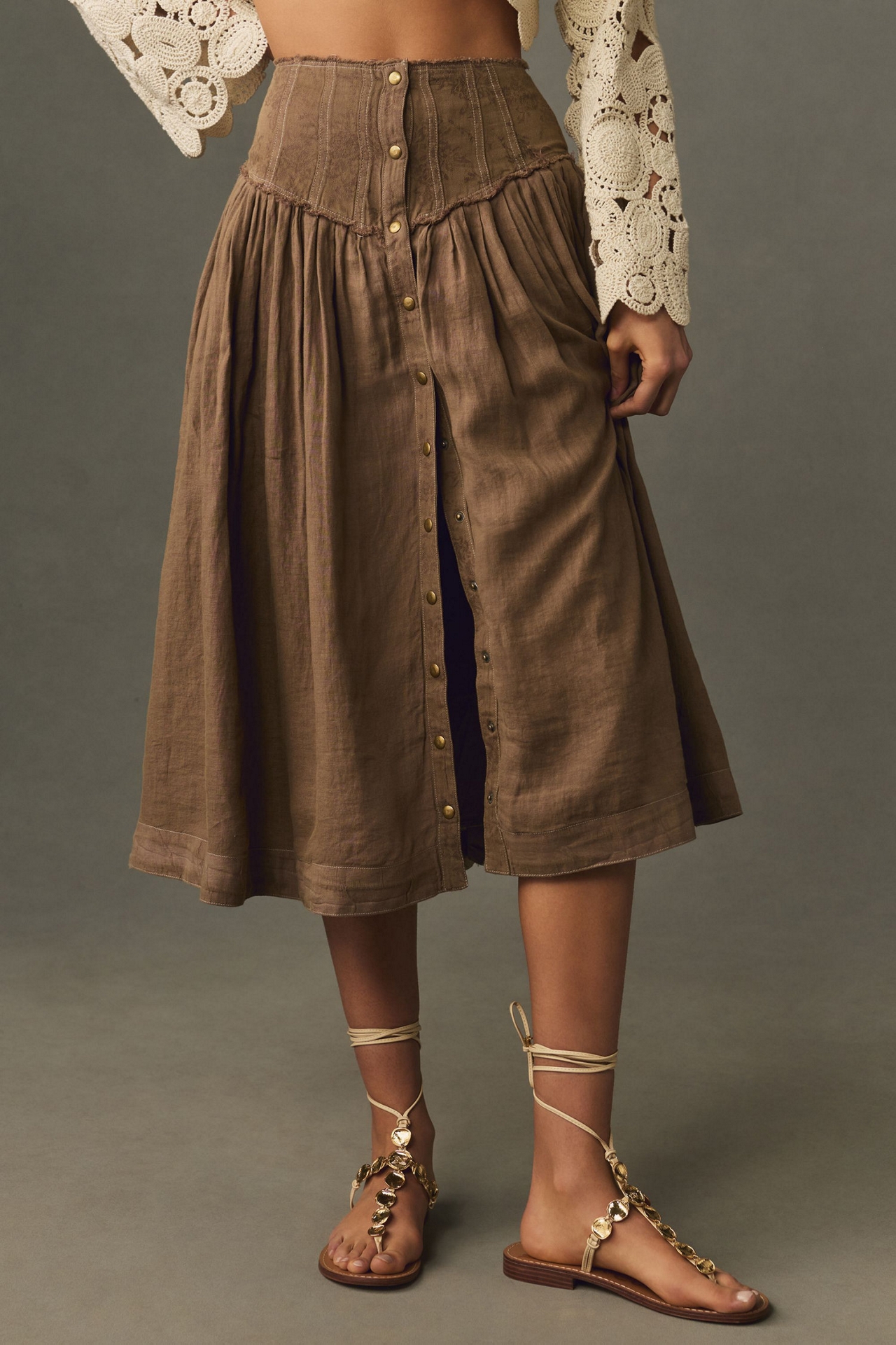 Pleated Yoke-Waist Midi Skirt