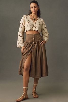 Pleated Yoke-Waist Midi Skirt