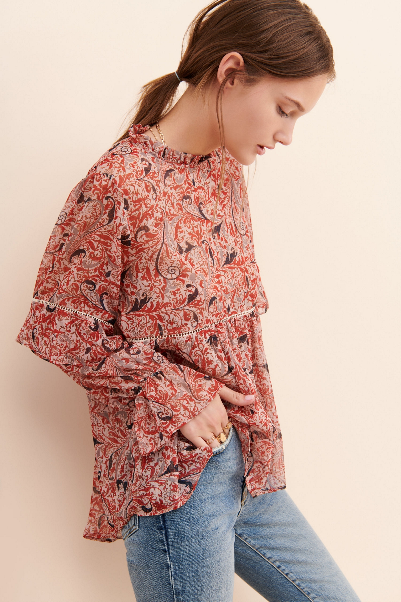 Blue Tassel Ruffle Collar Blouse