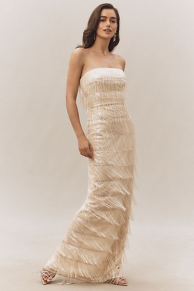 dress the population dresses on sale Sandra Gown - White welcome pockets Dress The Population Tanya Strapless