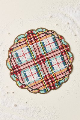 Anthropologie Beaded Plaid Holiday Placemat In Multi