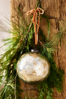 Terrain Etched Stars Metallic Glass Globe Ornament In Metallic