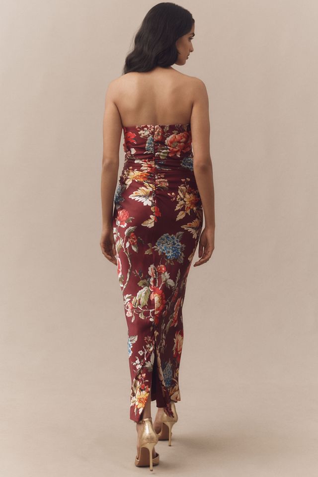 BHLDN Strapless Ruched Floral Satin Midi Dress #1