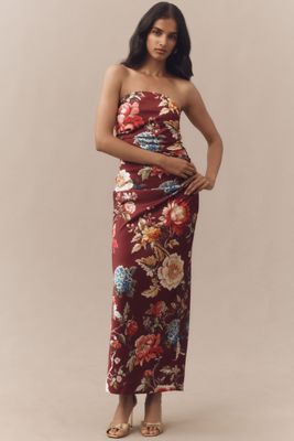 BHLDN Strapless Ruched Floral Satin Midi Dress