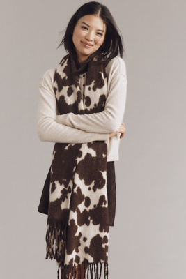 Maeve Cow Print Brushed Fringe Scarf In Brown