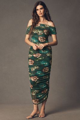 BHLDN Off-Shoulder Gathered Mesh Slim Midi Dress