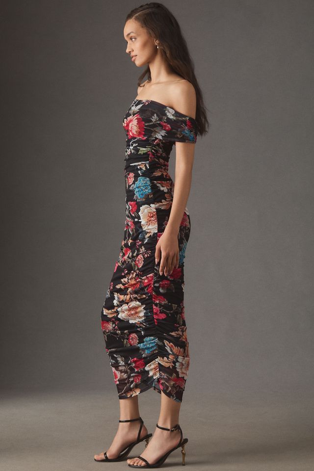 BHLDN Off-Shoulder Gathered Mesh Slim Midi Dress #3