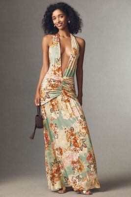 AFRM Cadiz Halter Plunge-Neck Maxi Dress