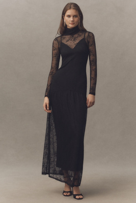 Amala High-Neck Long-Sleeve Stretch Lace Maxi Dress