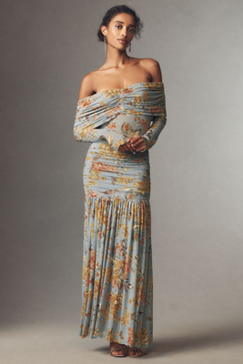 Afrm Emmeline Off-the-shoulder Long-sleeve Lace Maxi Dress In Blue
