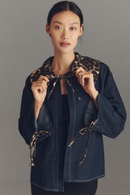 Maeve Leopard Collar Denim Boxy Jacket