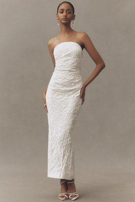 Bhldn Strapless Crinkled Satin Midi Dress In White