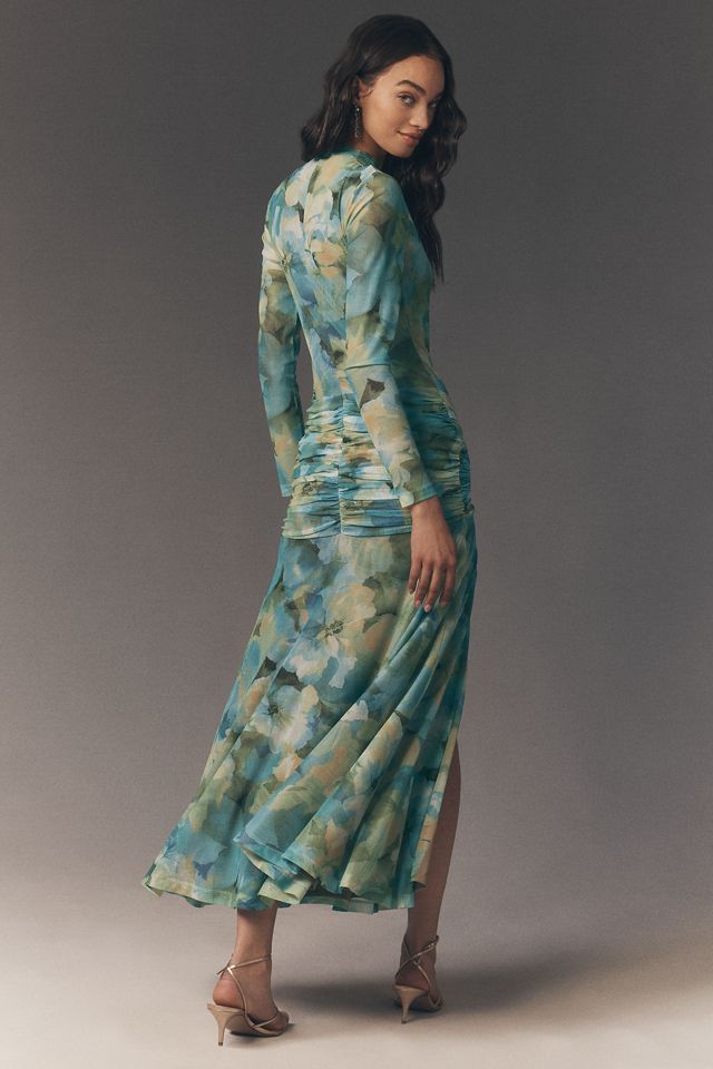 knee length dresses for ladies Citrus Blue Porcelain Print Bardot Bodycon Midi Dress With Bow Sleev  Club  L London