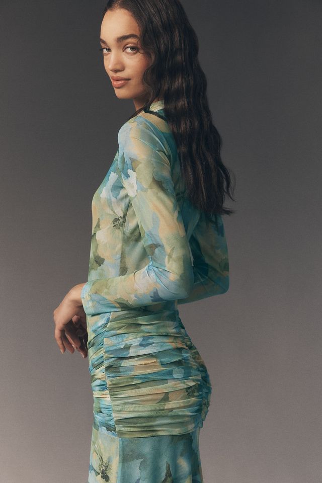 knee length dresses for ladies Citrus Blue Porcelain Print Bardot Bodycon Midi Dress With Bow Sleev – Club  L London main image 0