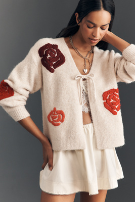 Flat White Embroidered Flower Cardigan Sweater In Multi