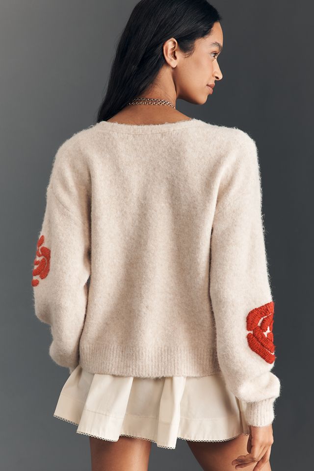 Flat White Embroidered Flower Cardigan Sweater #1