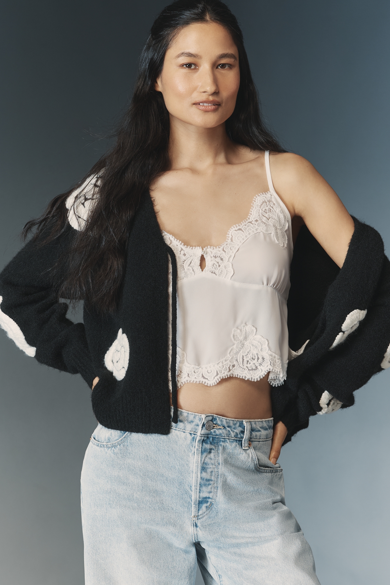 Flat White Embroidered Flower Cardigan Sweater