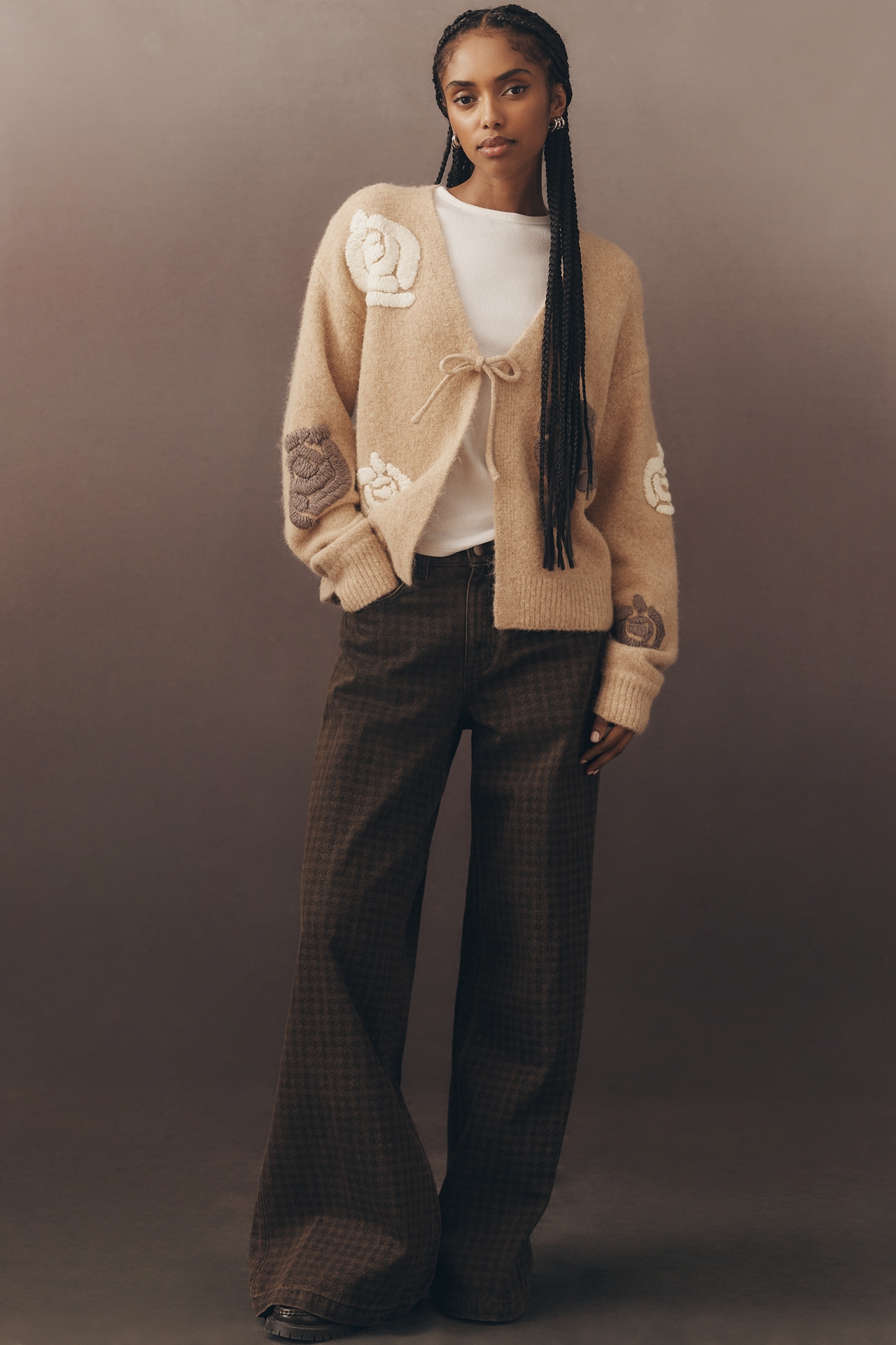 Flat White Embroidered Flower Cardigan Sweater