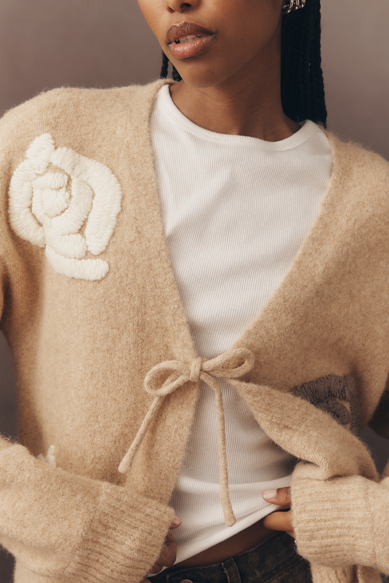 Flat White Embroidered Flower Cardigan Sweater