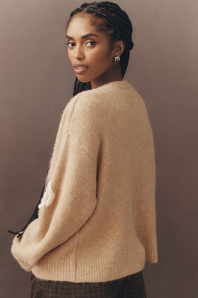 Flat White Embroidered Flower Cardigan Sweater | Anthropologie