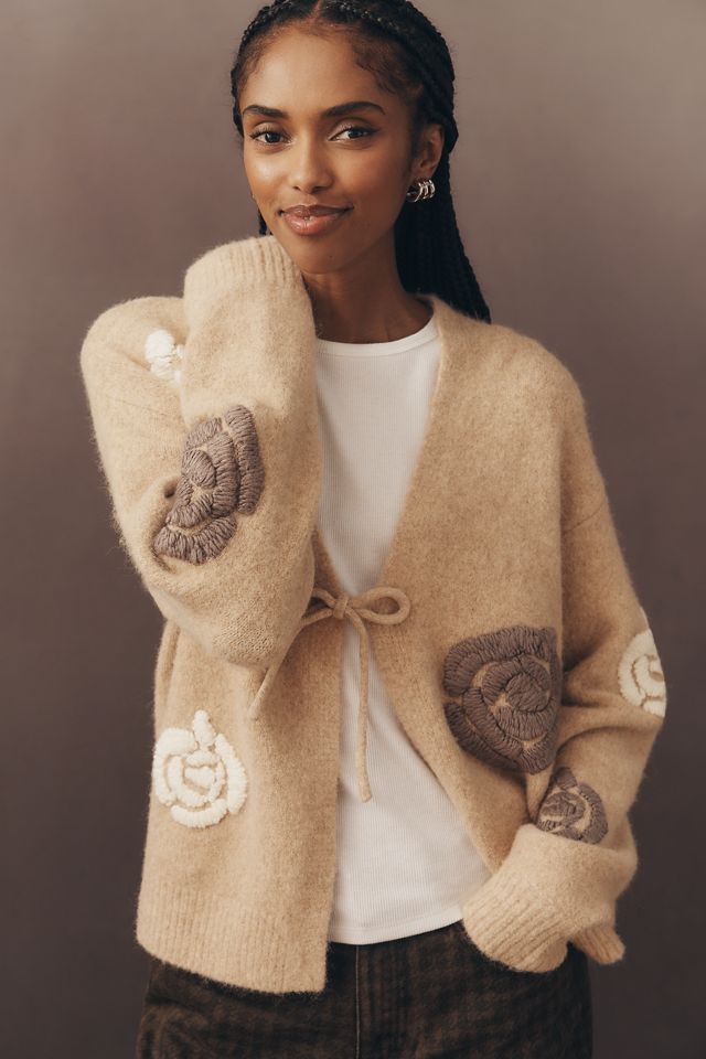 Flat White Embroidered Flower Cardigan Sweater | Anthropologie