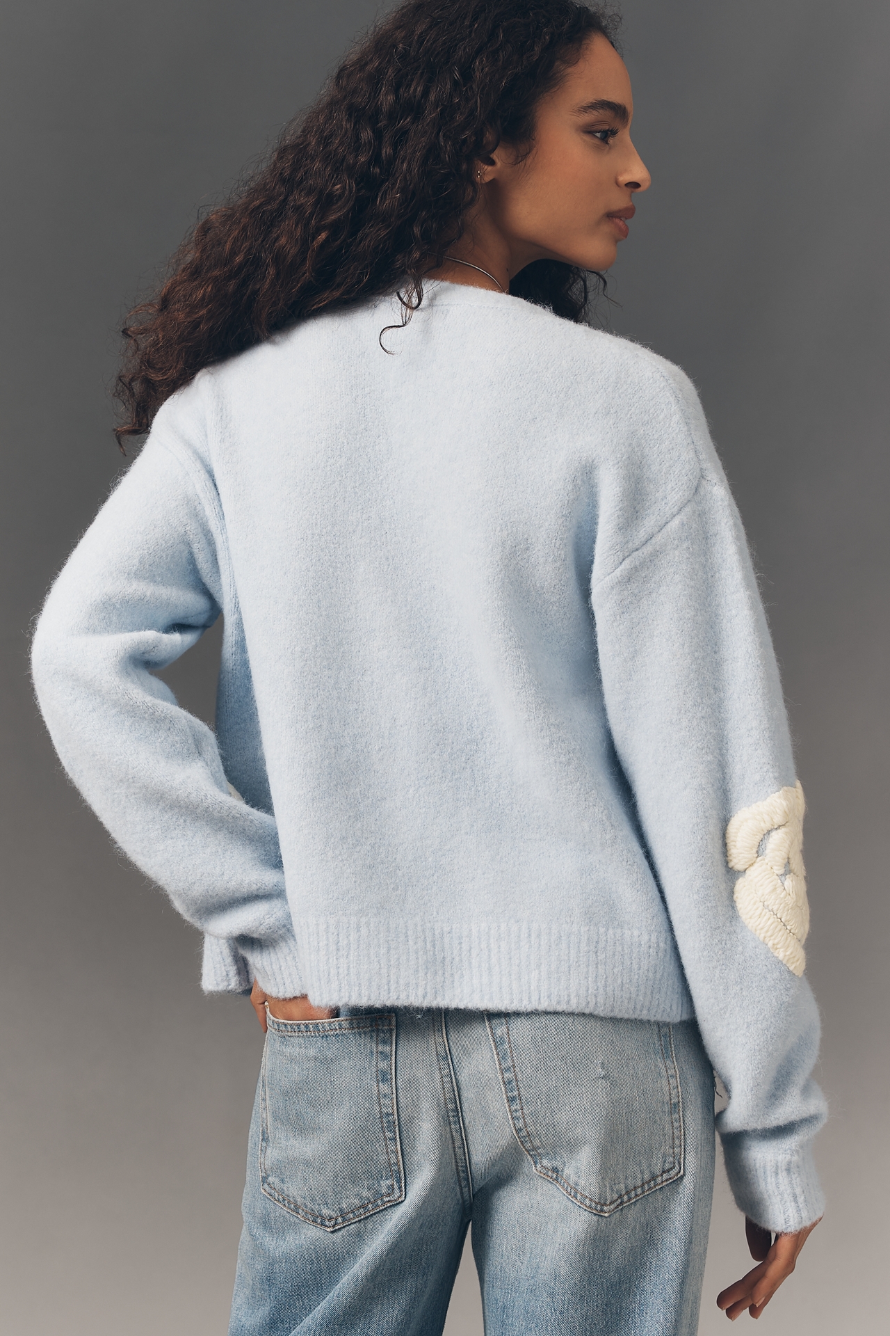 Flat White Embroidered Flower Cardigan Sweater