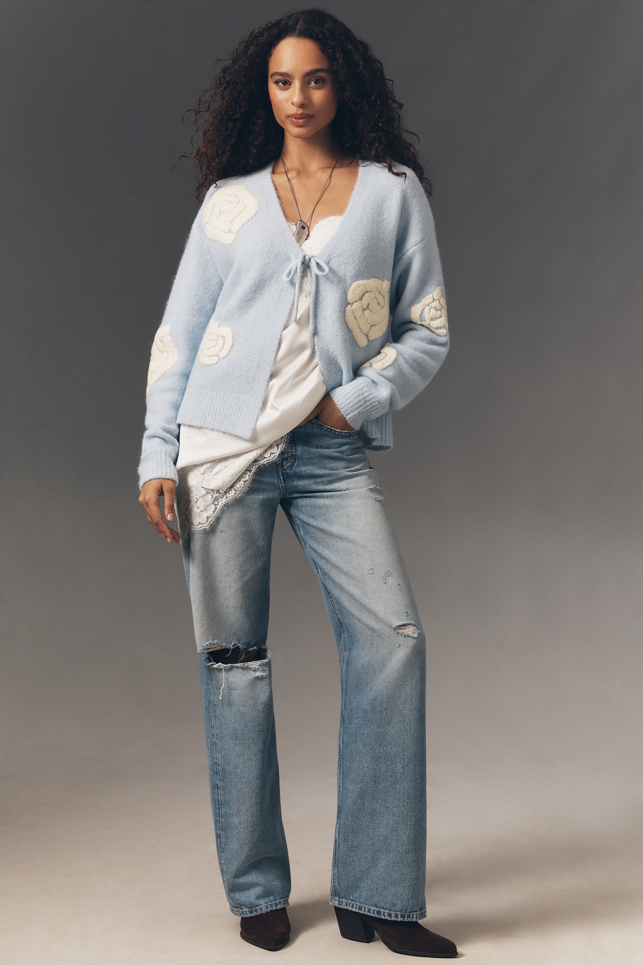 Flat White Embroidered Flower Cardigan Sweater