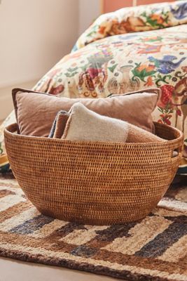 Handwoven Rattan Laundry Basket with Cutout Handles