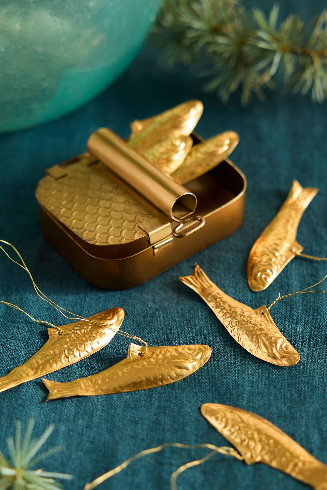 Sardine Ornaments, Set of 8 + Tin - Gold, Standard, One Size