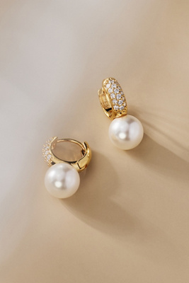 By Anthropologie Weddings Pearl Charm Pavé Huggie Hoop Earrings In Gold