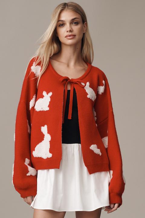 By Anthropologie Tie-Front Textured Graphic Cardigan Sweater