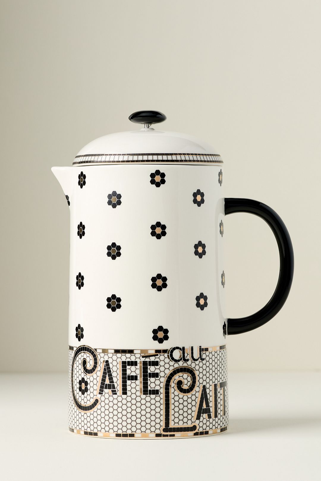 Bistro Tile Stoneware 24k Gold Accent French Press - Black & White Pattern, One Size