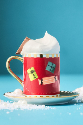 Anthropologie Caroline Stoneware Holiday Espresso Cup & Saucer In Multi