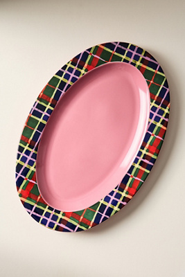 Anthropologie Tartan Stoneware Platter In Pink