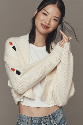 By Anthropologie 3d Lipstick Cardigan Sweater In Red