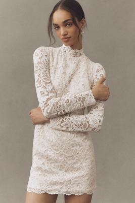Bhldn Long-sleeve Mock-neck Lace Mini Dress In White