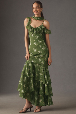 Bhldn Jules Off-shoulder Ruffled Chiffon Maxi Dress In Green