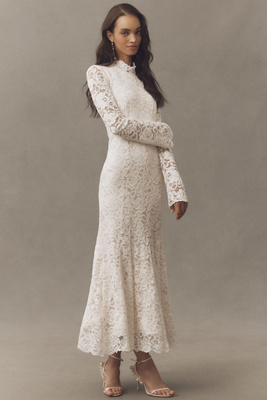 BHLDN Long-Sleeve Mock-Neck Stretch Lace Maxi Dress | Anthropologie