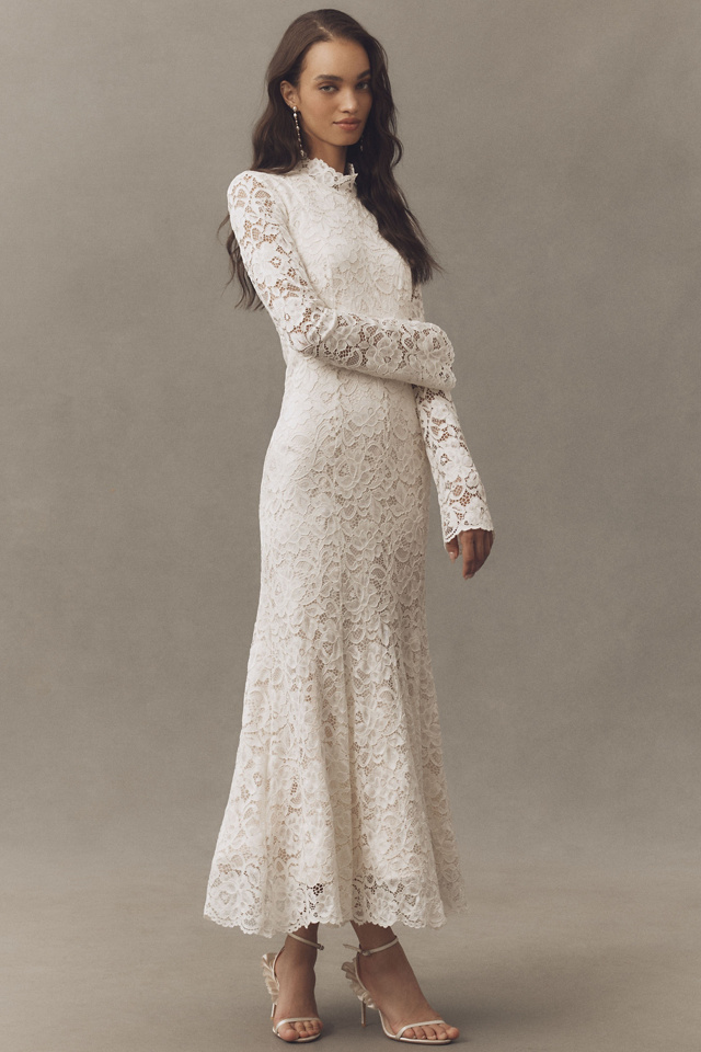 BHLDN Long-Sleeve Mock-Neck Stretch Lace Maxi Dress