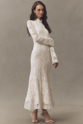 BHLDN Long-Sleeve Mock-Neck Lace Maxi Dress