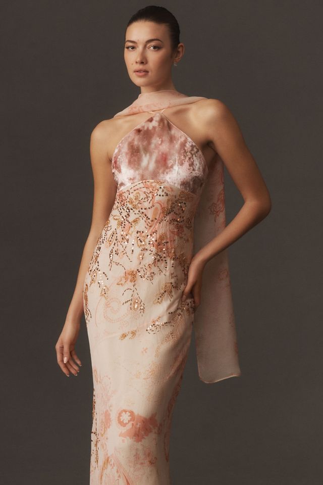 BHLDN Layla Halter Velvet Chiffon Maxi Dress #3