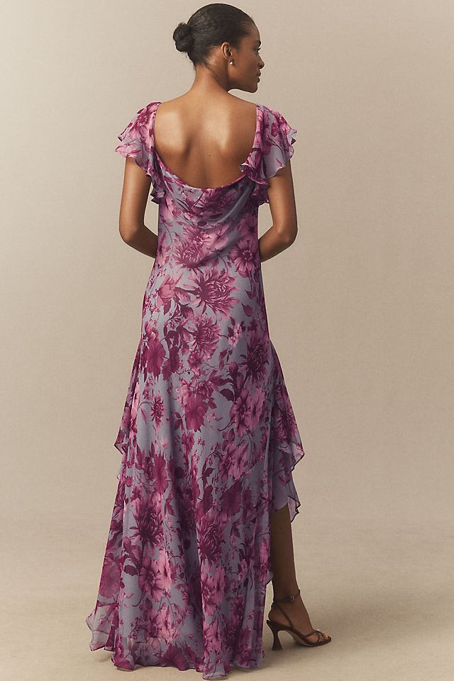bhldn asha flutter sleeve v neck chiffon maxi dress Wishlist Tiered sienna / small The lightweight chiffon fabric allows for ease of movement Eva Flutter-Sleeve Plunge V-Neck Maxi