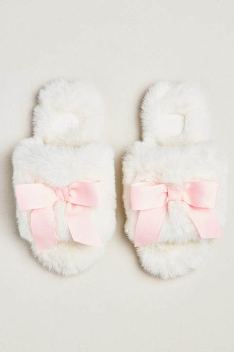 Maeve Faux-Fur Open-Toe Bow Slippers