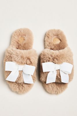 Maeve Faux-Fur Open-Toe Bow Slippers