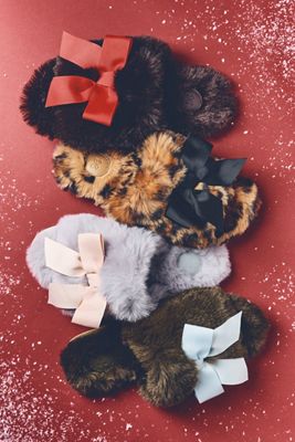 Maeve Faux-Fur Open-Toe Bow Slippers