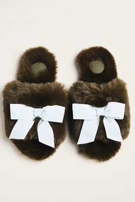 Maeve Faux-fur Open-toe Bow Slippers In Green