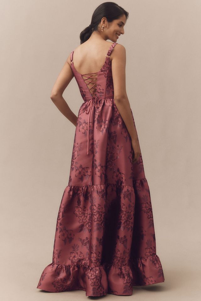 V. Chapman Avery Scoop-Neck Tiered Floral Brocade Maxi Dress #1